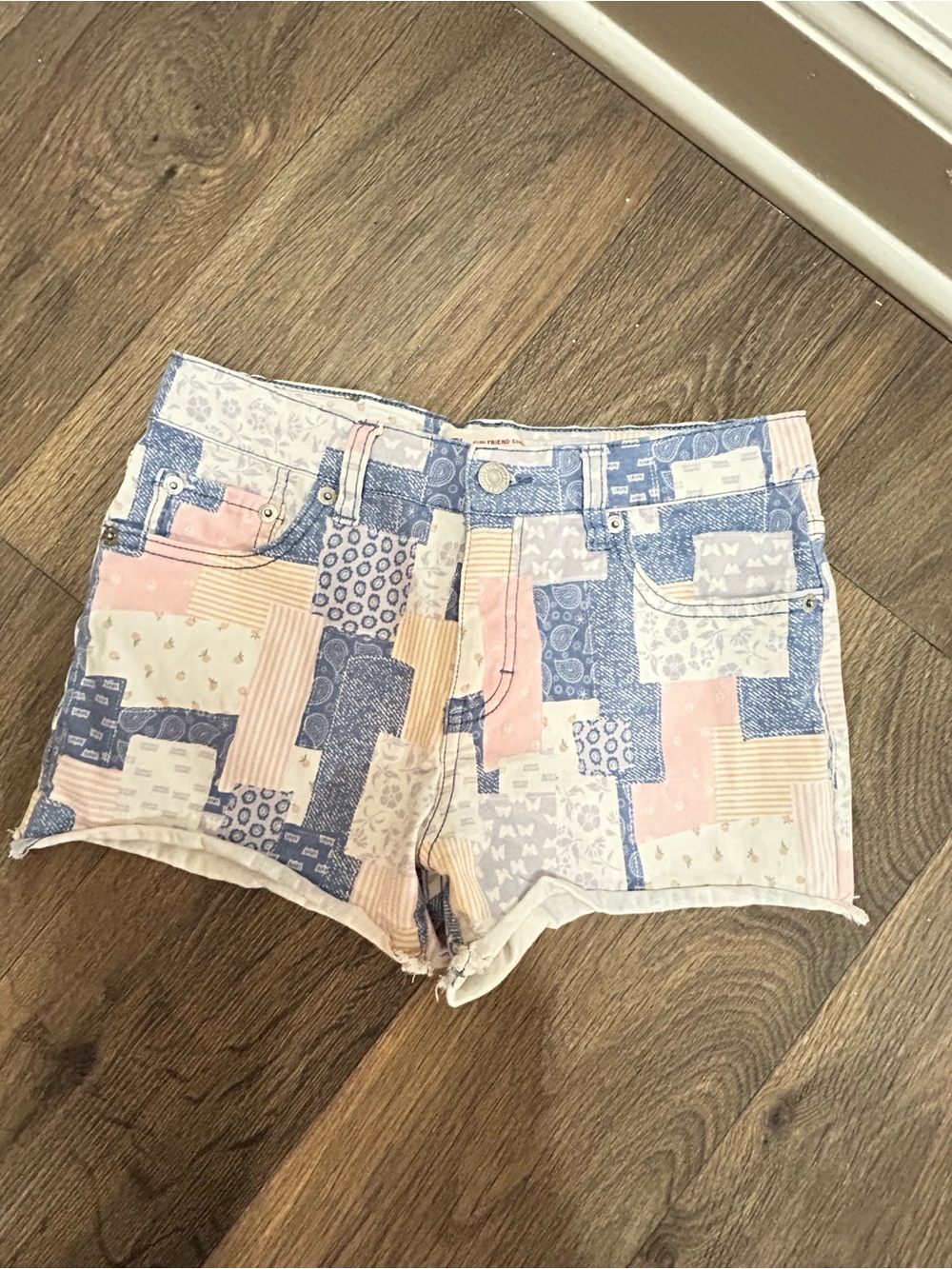 Levi's Patchwork-Print Jean Shorts in Pink and Blue